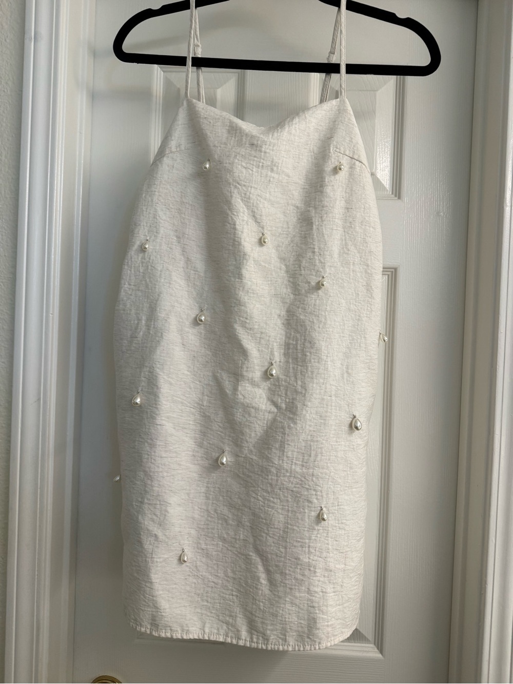 White Linen Bridal Pearl-Embellished Spaghetti Strap Dress